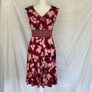 Floral V-Neck Cranberry and Pink Fit-and-Flare Dress
